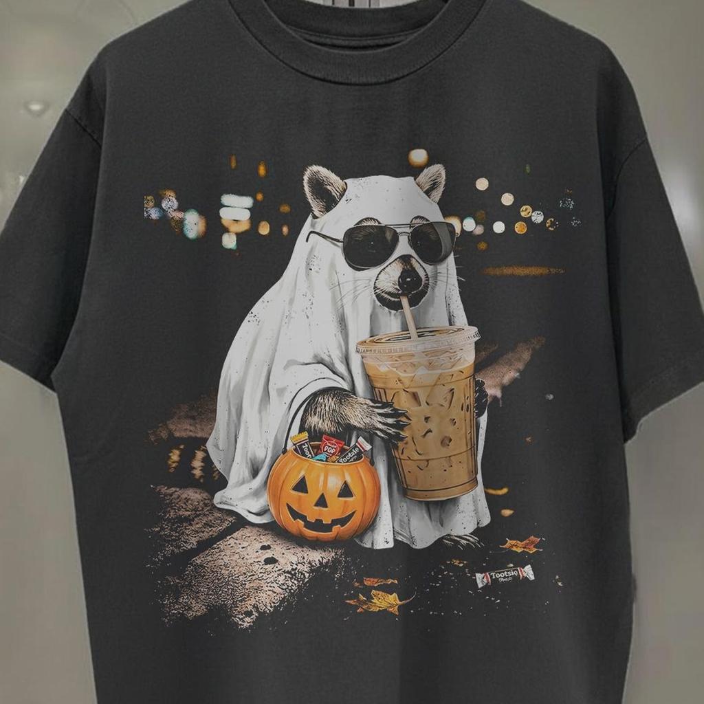 Funny Halloween Raccoon with Pumpkin and Coffee T-Shirt and kids tshirt | Autumn Cozy Tee