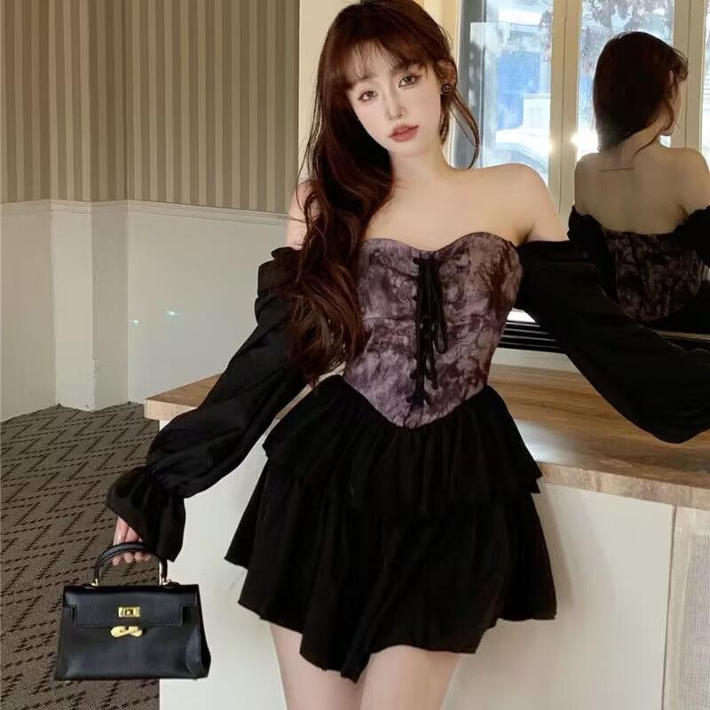 Γυναικείο Ανοιξιάτικο/Καλοκαιρινό Φόρεμα με Ακανόνιστο Έναν Ώμο, Φιγούρα, Tie-Dye με Μελάνι, Φούστα Πουφ και Δέσιμο στη Μέση