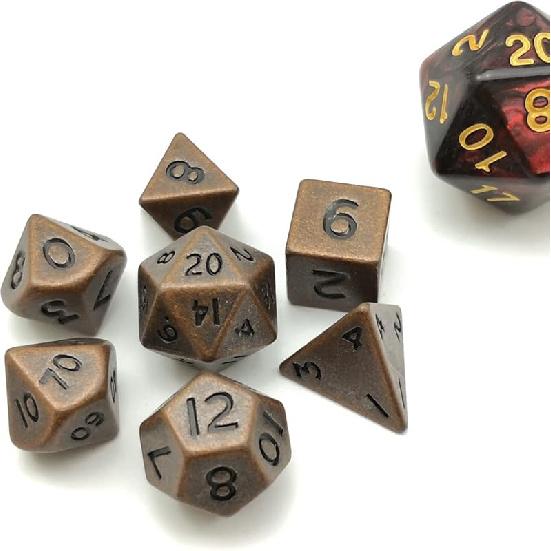 Bescon 10MM Mini Solid Metal Dice Set Antique Copper, Mini Metallic Polyhedral D&D RPG Miniature Dice 7-Sets Antique Copper