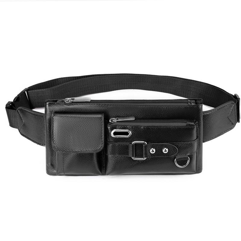 Men's PU Leather Waist Bag Simple Outdoor Casual Black Waist Pouch Men's Business Travel Waist Chest Bag