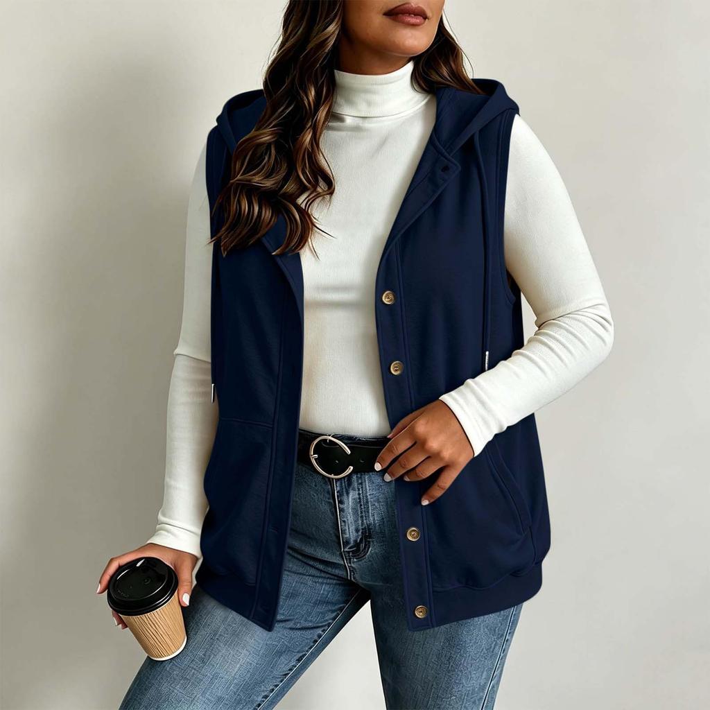 Gilet da donna alla moda con cappuccio, chiusura a bottoni, coulisse, senza maniche e con tasche