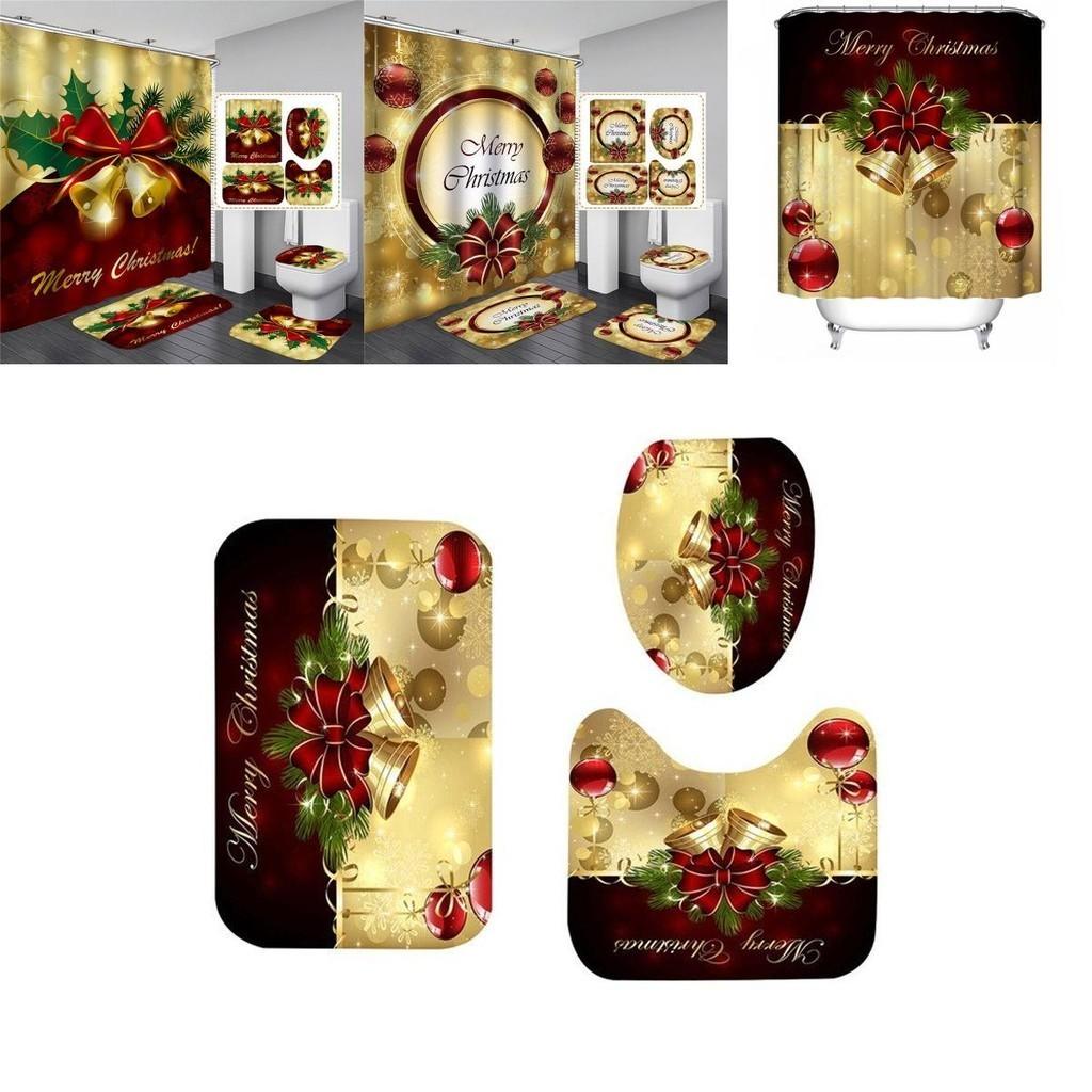 High-quality Waterproof Christmas Bathroom Set With Shower Curtain And Mat Pads