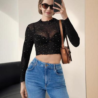 Damen Sommer Neu Kleiner Stehkragen Langarm Mesh Paillettenbesetztes Top