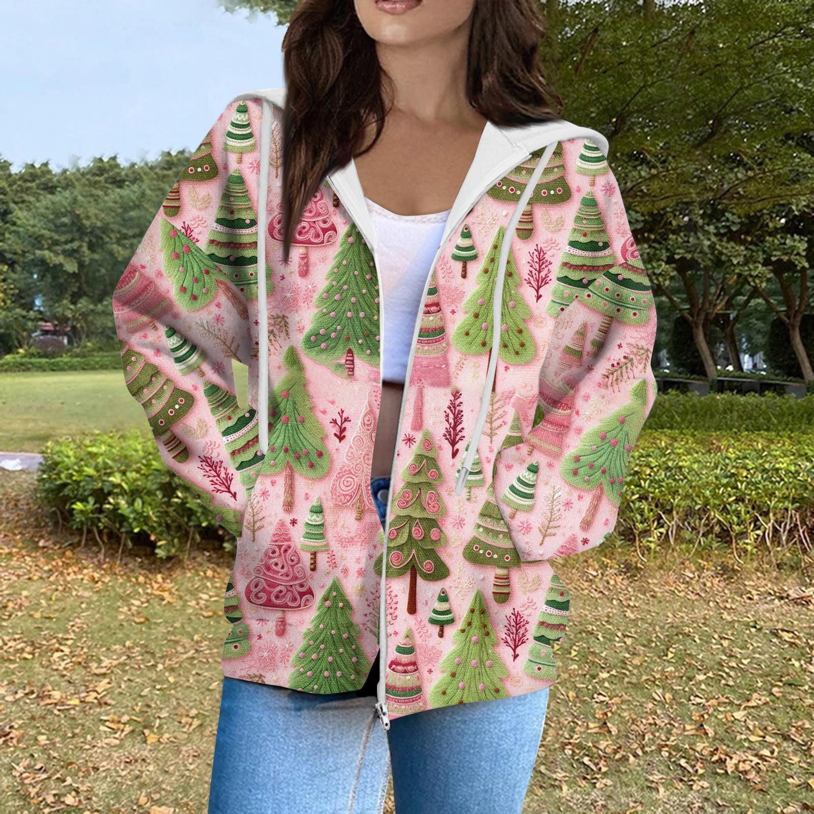 

Женская мода повседневный длинный рукав рождественский принт кардиган пальто с карманом на молнии XL розовый