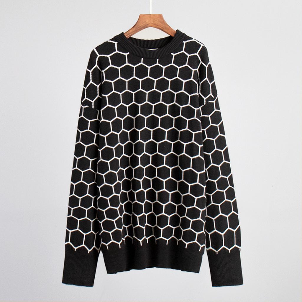 Autumn Winter Honeycomb Print Sweater Women's Round Neck Loose Temperament Versatile Comfortable Long-sleeved Knit Top