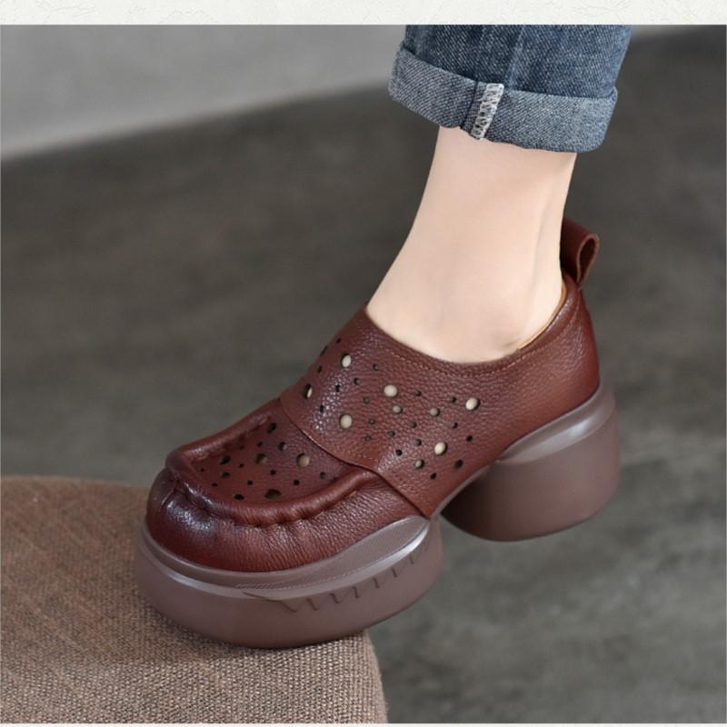 Johnature Thick Soled Retro Hollow Sandals Versatile Genuine Leather High Heels Women's Platform Shoes