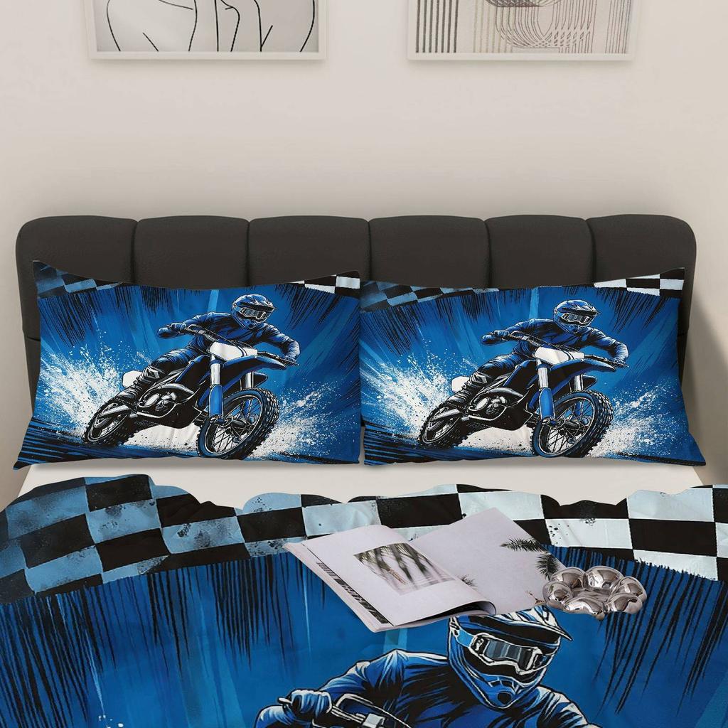 Blue Motocross Bedding Set 3D Print Duvet Cover Pillowcase Set Soft And Durable Fabric For Kids Boys Bedroom Decor