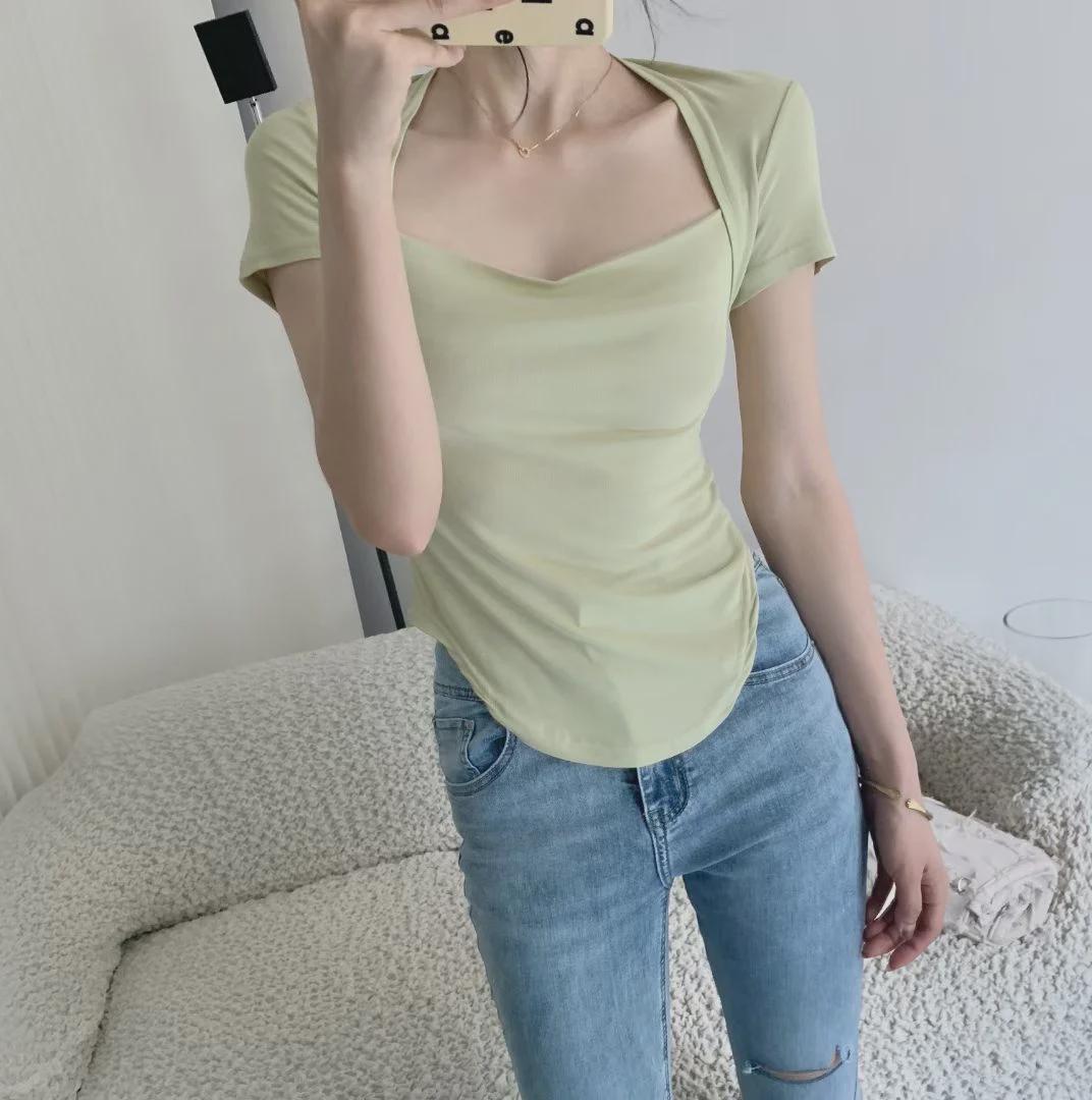 

Женская футболка Hot Girl White Square Collar Slim Fit с коротким рукавом, лето 2025 Large