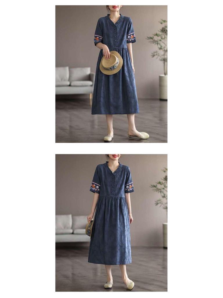 Damska Artystyczna Retro Sukienka z Krótkim Rękawem, Średniej Długości, z Haftowanego Bawełnianego i Lnianego Żakardu, ze Sznurkiem w Talii