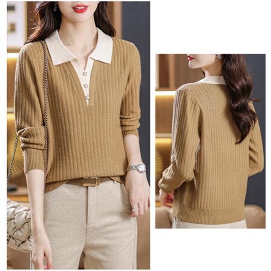 Women Sweater Fake Two-Piece Design Lapels Long Sleeve Fitted Casual Top Autumn