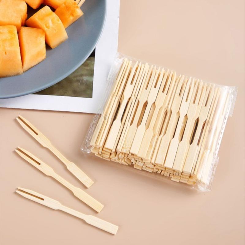 100PCS Bamboo Disposable Wooden Fruit Fork Fruit Toothpick Dessert Fork Set Party Home Tableware Supplies Disposable Forks SGC02