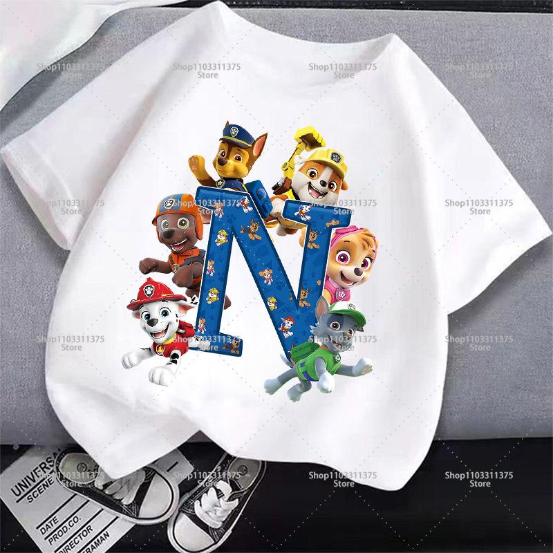 Cute PAW Patrol T-shirt Letter A-Z Boys Girls Clothes Short Sleeve Summer Cartoon Kids Birthday Toddler Cotton Outdoor Wear Gift