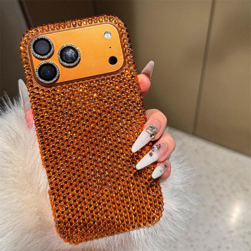 Popular Orange Glitter Rhinestone Bling Phone Case For iPhone 17 Pro Max Air 11 12 13 14 15 16 ProMax Shining Back Cover