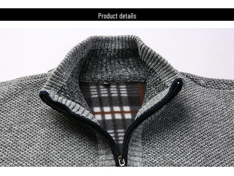 Men's Warm Fleece-Lined Zip Cardigan Sweater - Solid Color, Stand Collar, Plus Size, Casual Winter Wear.