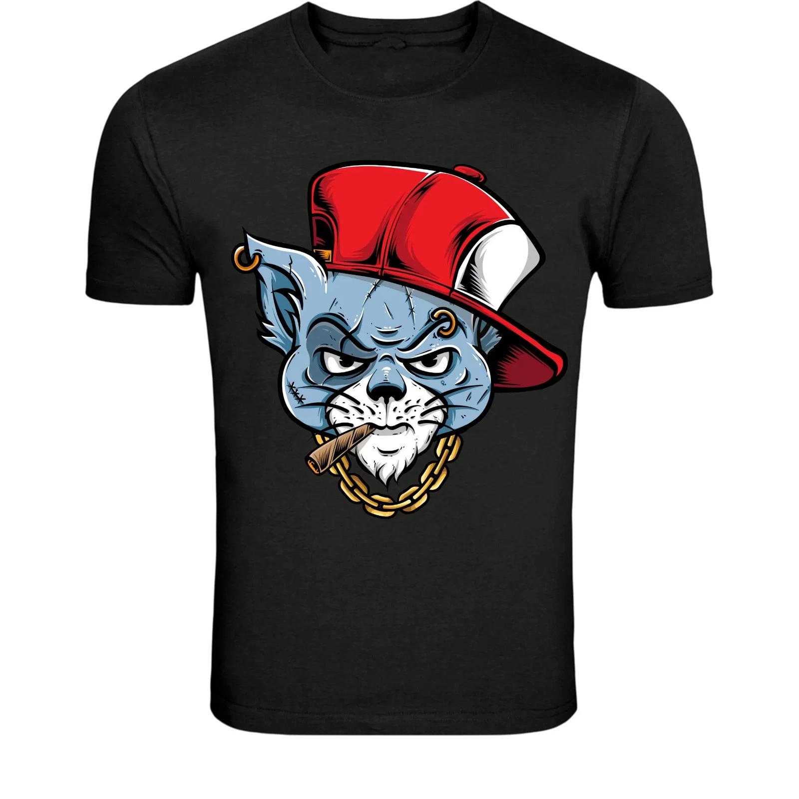 Gangster Cat Streetwear T-Shirt - Cool Urban Cat With Chain XS
