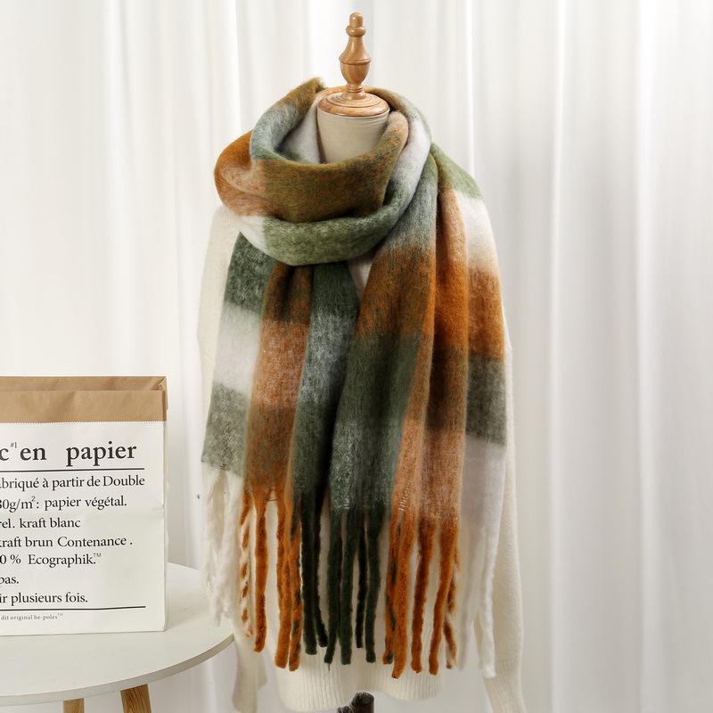 Rainbow Mohair Plaid Scarf - Thick, Chunky, Warm Winter Tassel Neck Warmer in Four Colors