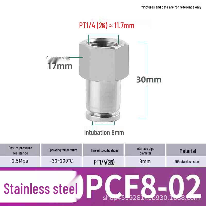 Zhuo Ji 304 Stainless Steel PCF8-02 Push-to-Connect Pneumatic Hose Quick Connector, High-Temperature Resistant, Internal Thread Straight Fitting