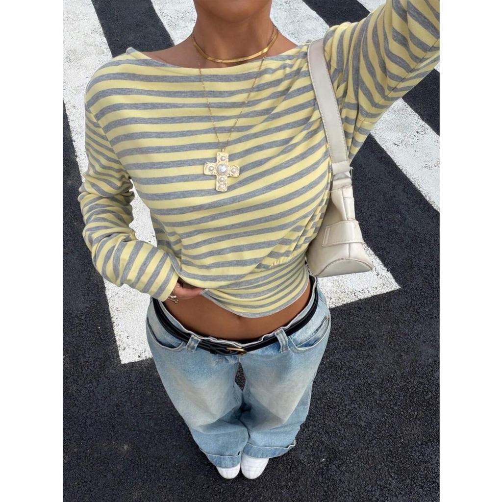 Neues gestreiftes Rundhals-Langarm-Crop-Top für Damen, Y2K schmale Taille sexy lässiges Oberteil für den grenzüberschreitenden Handel