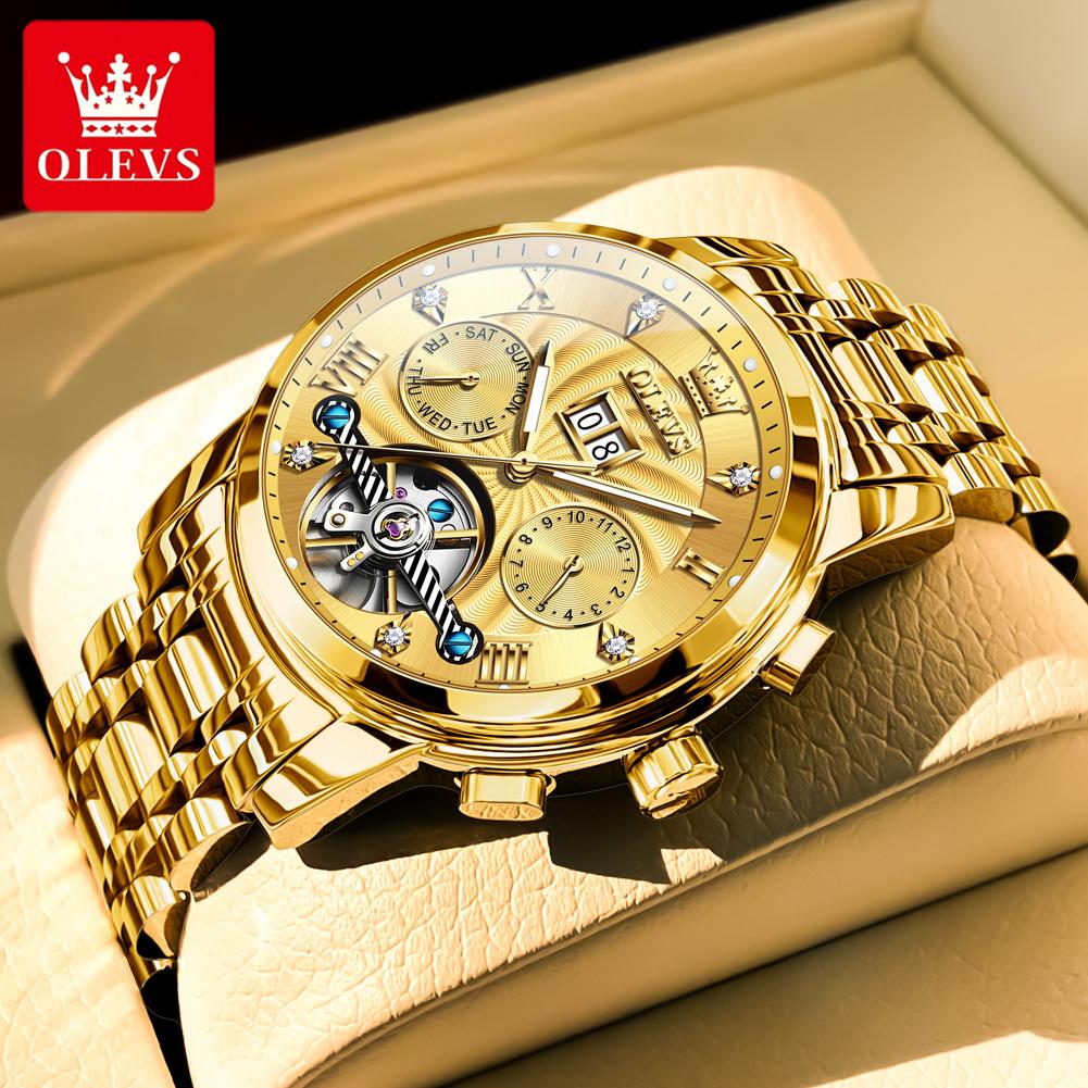 OLEVS 9910 Watch For Men Luxury Waterproof Mechanical Man Watch Stainless Steel Hollow Skeleton Calendar Automatic Hand Clock