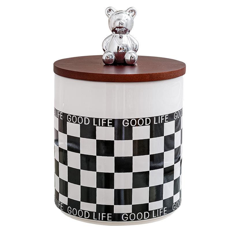 Black and White Grid Ceramic Storage Jar, Sealed Jar with Wooden Lid, Food Storage Container, Candy Jar, Kitchen Supplies