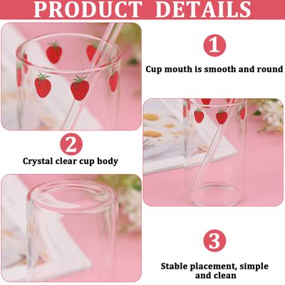 300Ml Glass Milk Bottle With Straw, Cute Reusable Strawberry Fruit Cups Clear Gl