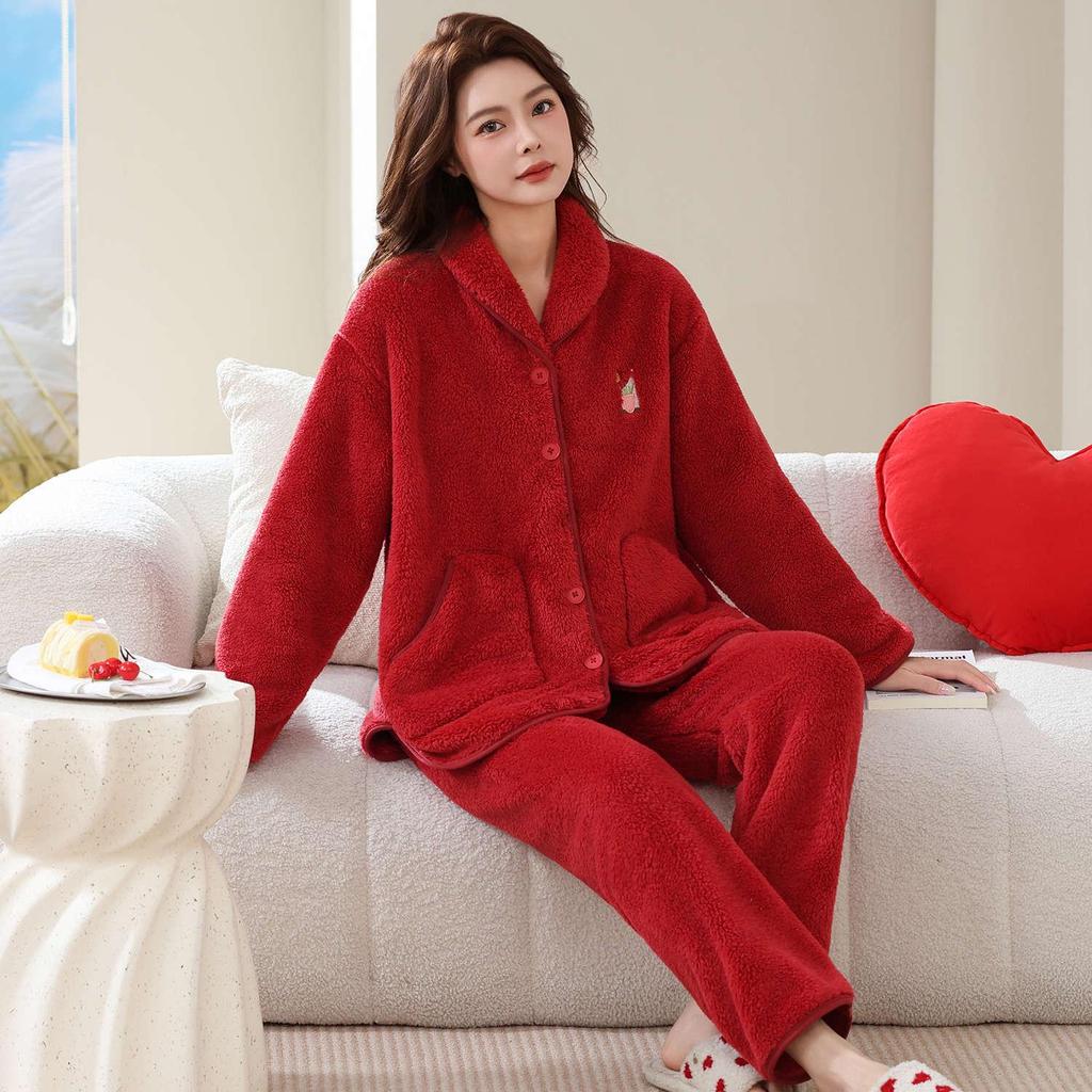 Women's Coral Fleece Pajamas, Plus Velvet, Thick, Large Size, Warm Winter Flannel Home Set for Middle-Aged and Elderly