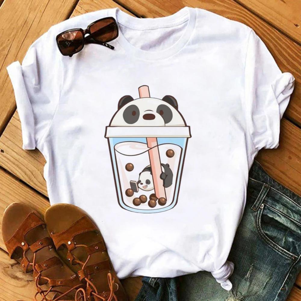 Funny Retro Casual Women's T-shirt Cute Women's Street Wear Panda Pattern Round Neck Short-sleeved Fashion Tea Print Aesthetic Clothing