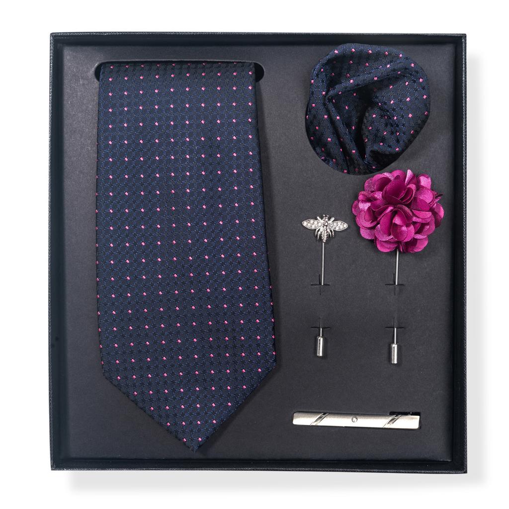 Tie Men'S Trend Net Color Striped Cashew Nut Tie 6-Piece Gift Box Square Scarf Tie Clip Corsage Set