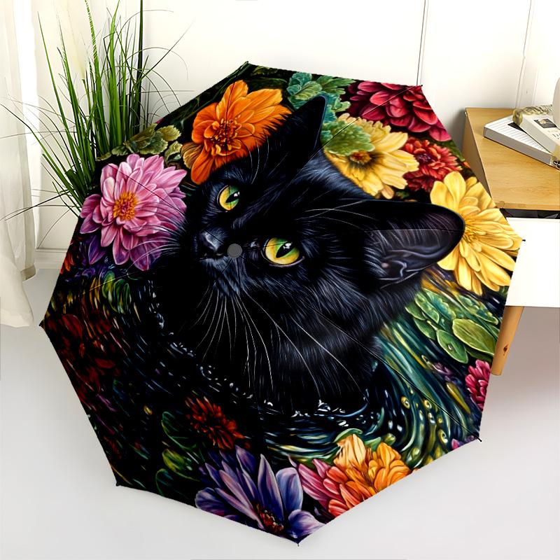 0106 Floral Black Cat  pattern, automatic folding umbrella, portable and foldable design, 8 ribs, a Christmas or birthday gift.