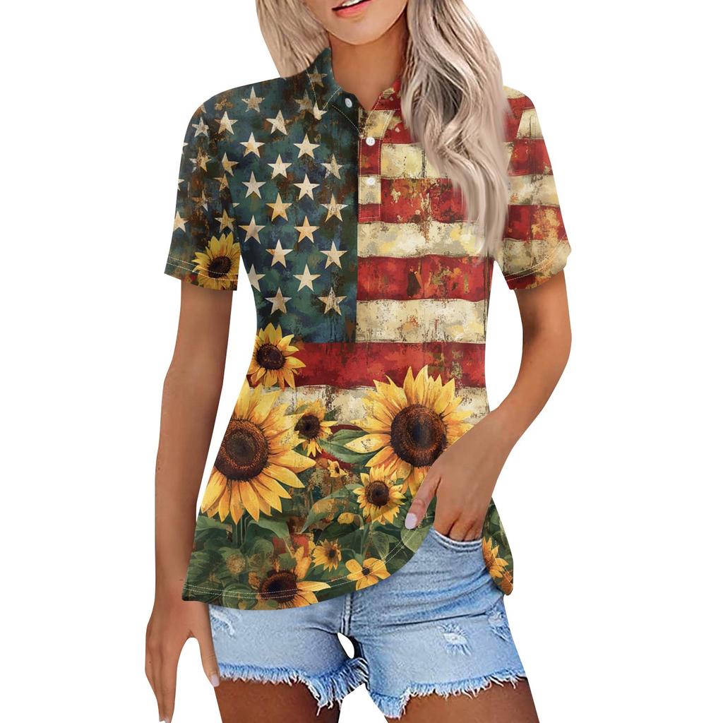 Women's Fashion Casual Lapel Short Sleeve Print Shirt Women's Button Up Tops