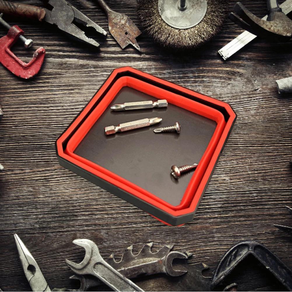 2 PCS Collapsible Magnetic Screw Tray Square Silicone Bowls with Magnetic Base Tool Organizer Stores and Organizes Small Parts