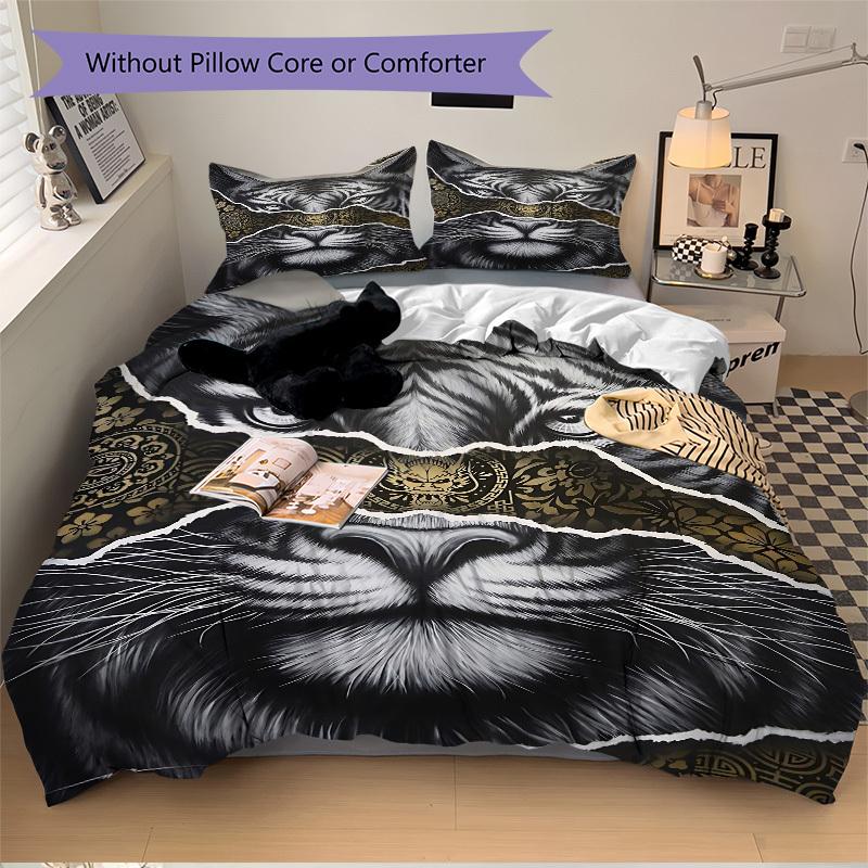 3pcs Tiger Face Artwork Duvet Cover Set, Soft Comfortable Duvet Cover,Guest Room (1*Duvet Cover + 2*Pillowcase, Without Core) yy251104178