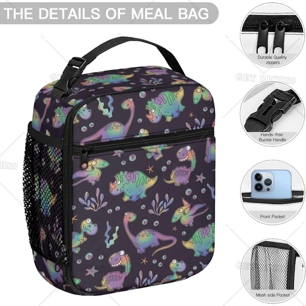 Dacawin Colorful Rainbow Dinosaur Lunch Bag Insulated Reusable Cooler Lunch Box Thermal Tote Handbag for Kids Boys Work Picnic