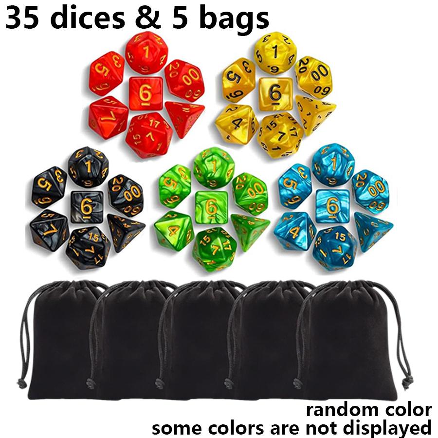 35 Polyhedral Dice with 5 Black Pouches, 5 Complete Colors Dice Sets of D4-D20 Compatible with DND RPG Table Games JXB