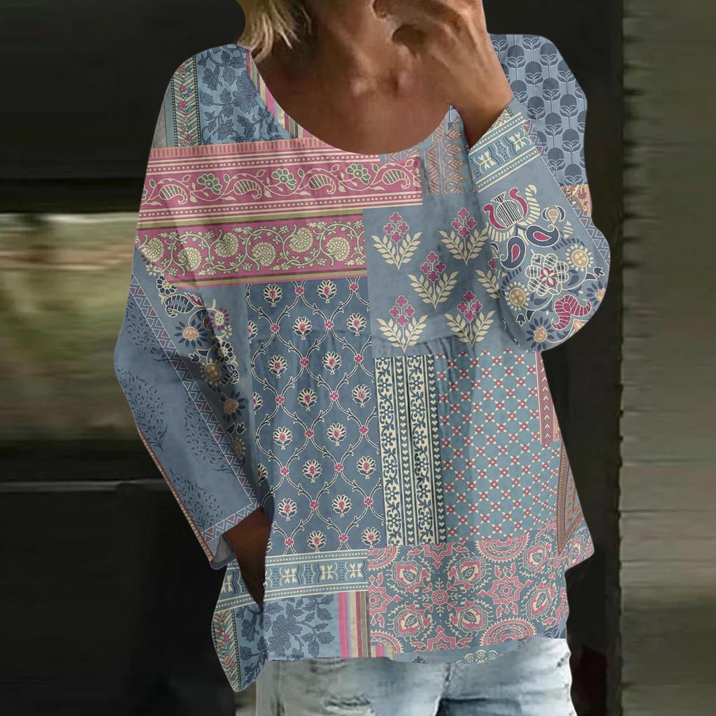 Damen Casual Mode Locker Rundhals Blumenmuster Langarm Oberteil