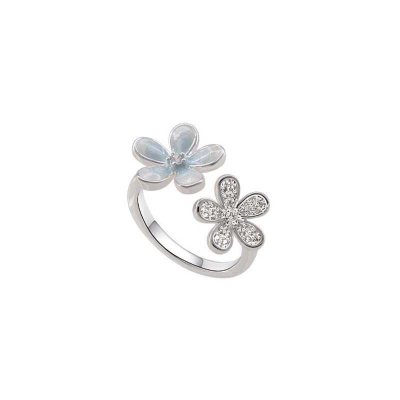 Y2K Sweet Fashion Blue Flower Rings for Women Girls Exquisite Rhinestone Five Petal Flower Opening Rings Party Jewelry Gifts