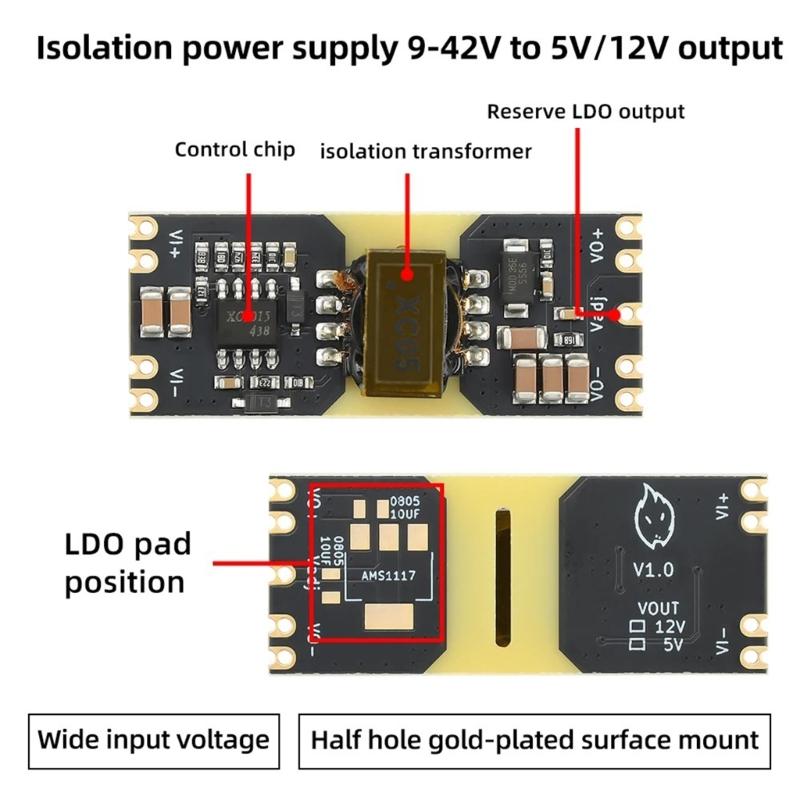 XC5015 Voltages Regulator Board 5V 12V Selectable Wide 9-42V Input Isolated Power Module With Overloads Protections
