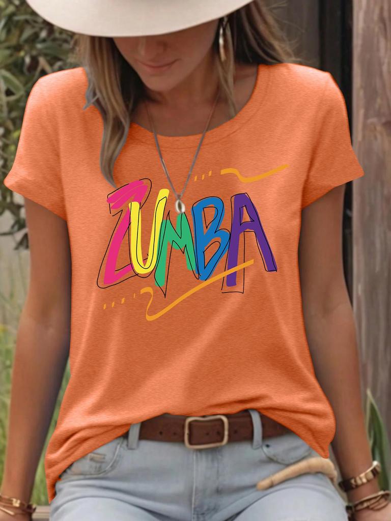 Damen Buntes ZUMB Print Locker Geschnittenes Kurzarm T-Shirt