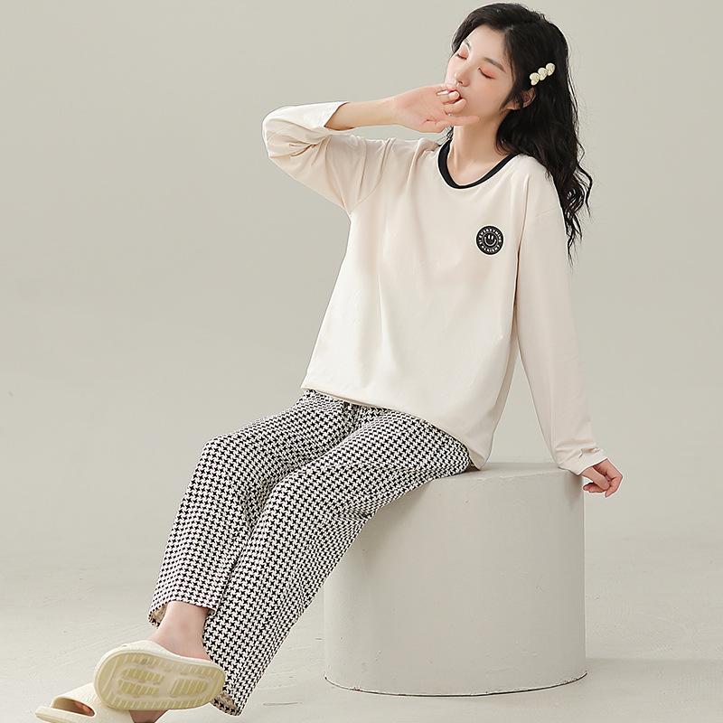 Pajamas With Chest Pads Women'S Pure Cotton Long-Sleeved Round Neck Pullover Loungewear Can Be Worn Outside