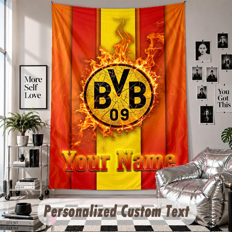 Tapiserie de agățat pe perete cu nume și text personalizate, Tapiserie decorativă Borussia Dortmund pentru dormitor