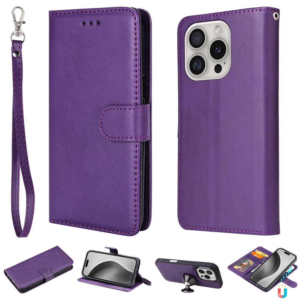 For iPhone 16 Pro Case 2 in 1 Detachable Magnetic Leather Wallet Mobile Cover with Strap