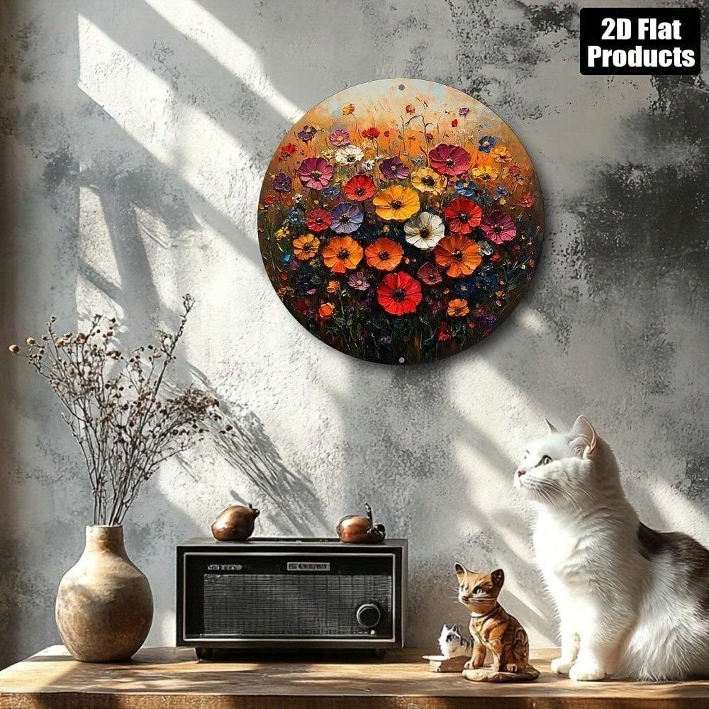 3D Metal Wildflower Wall Art 8x8 Inch Round Aluminum Sign 2D Floral Plaque for Home Kitchen Decor Cafe Office