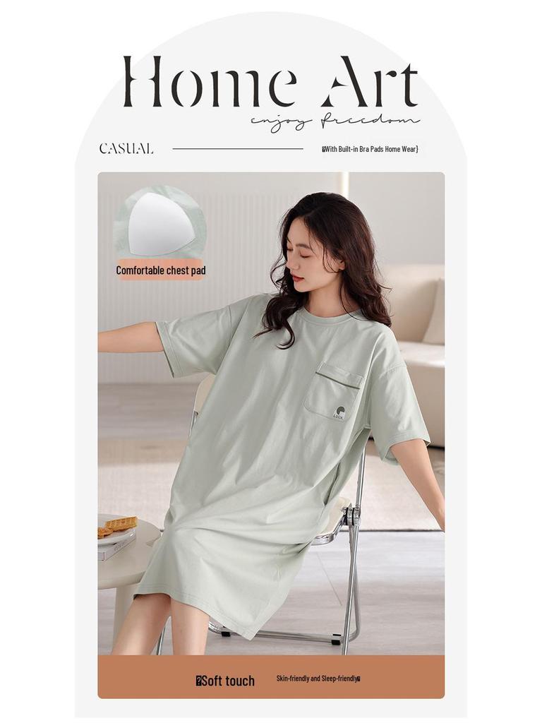 Women's Pure Cotton Loose Mid-Length Nightgown with Bra Pads – Comfortable Anti-Exposure Pajamas for Spring, Suitable for Home or Outdoor Wear.