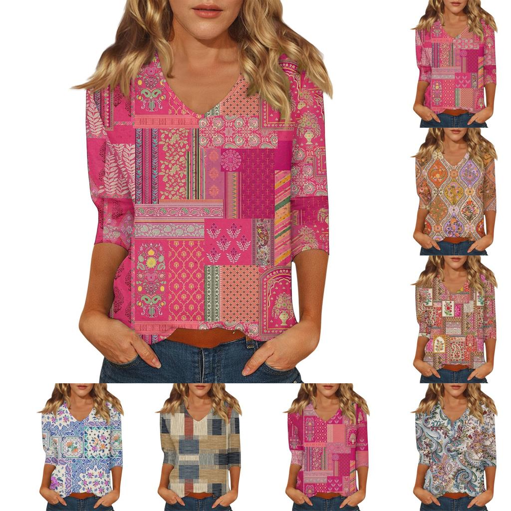 Top Casual de Moda para Mujer Sexy Cómodo Cuello en V Floral Manga Siete