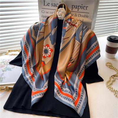 Europe America Versatile Shawl Hijab Hairband Headband Neckerchief Shawl Bandanna 90X90Cm Luxury  Flowers Print Silk Scarf