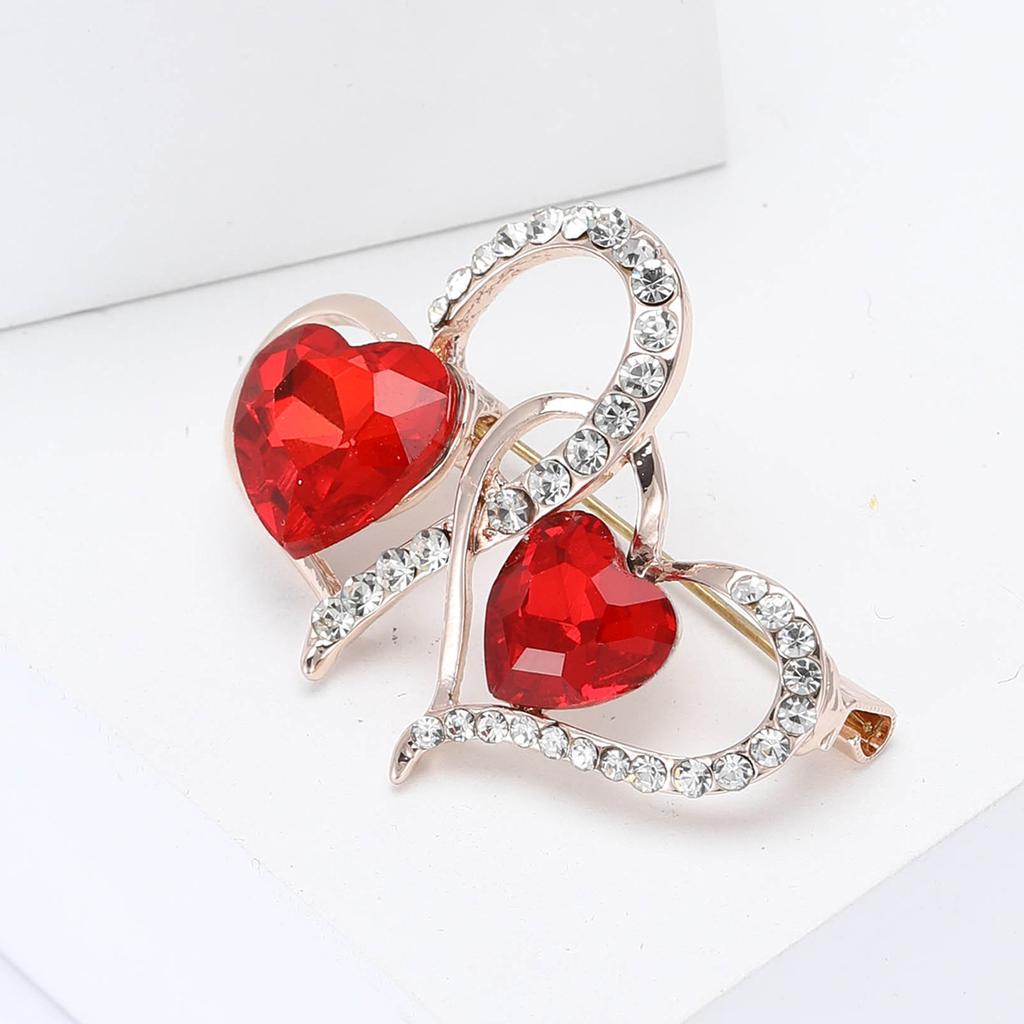 Creative design alloy rhinestone double heart brooch fashionable and versatile women's clothing chest flower accessories