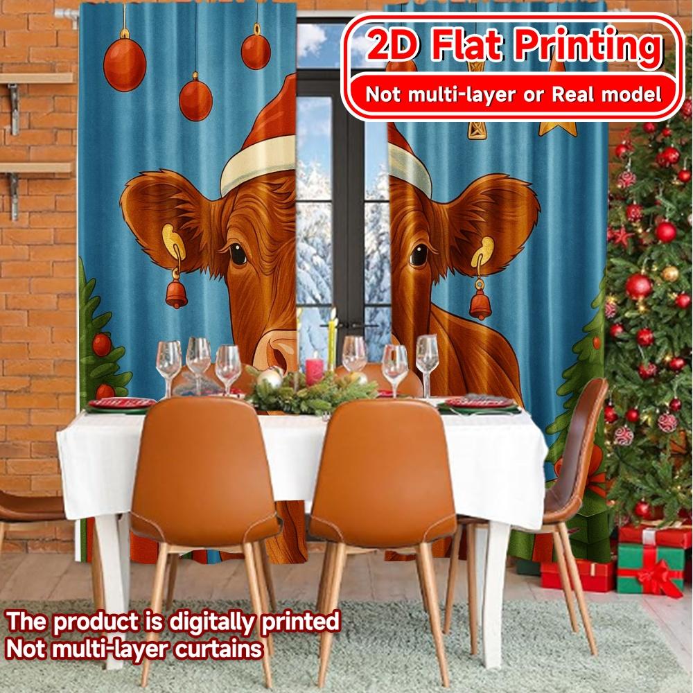 Set Of 2 Flat Printing Curtains Without Rod Festive Cow Digital Holiday Polyester Use Made