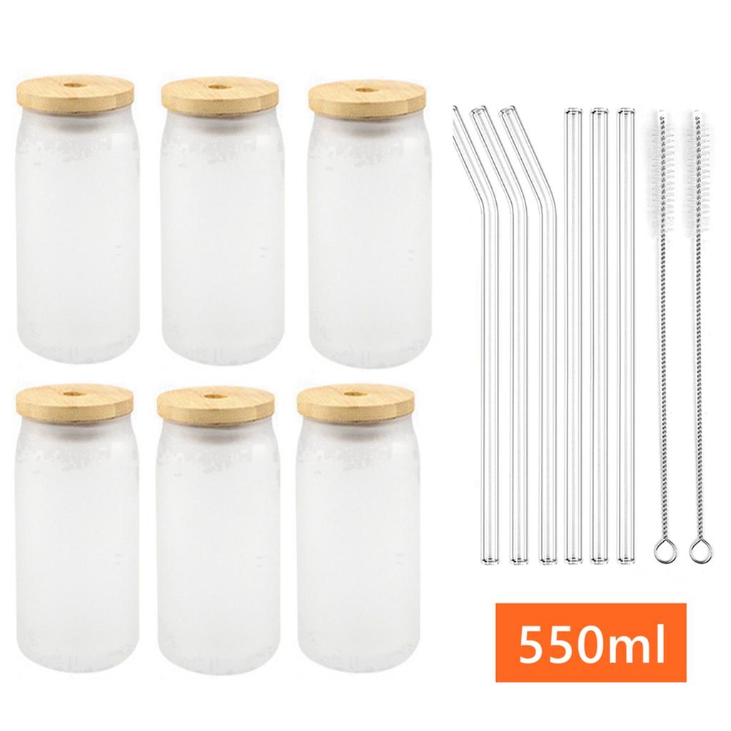 6 Stück Glas-Strohhalmbecher, Gläserbecher mit Strohhalmen und Bambusdeckeln, Trinkgläser für Kaffee, Bier, Cocktail, Wein, Soda, Cola, Glasbecher