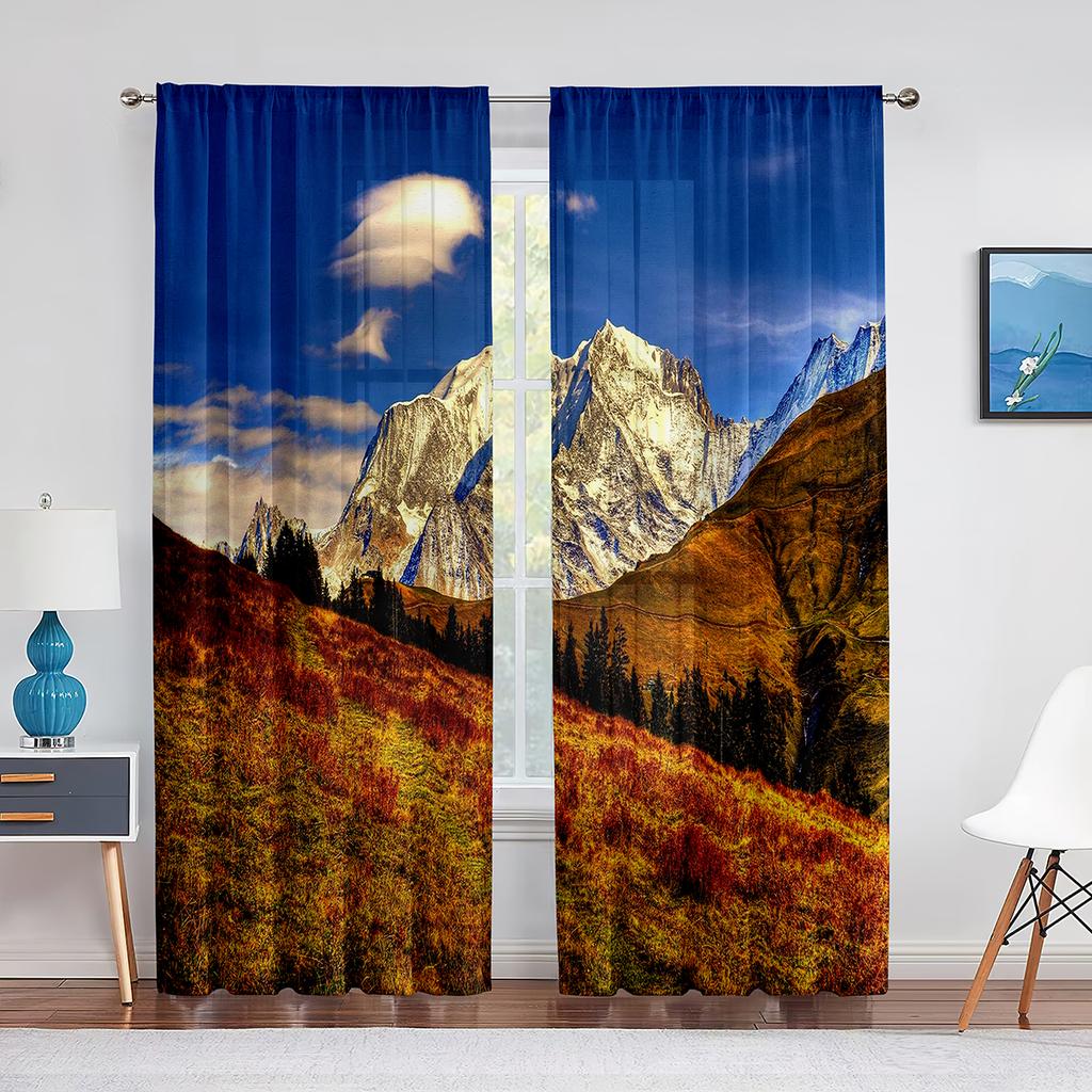 Autumn Mountains Forest Rivers Landscape Tulle Curtains for Living Room Decoration Chiffon Sheer Voile Kitchen Bedroom Curtain