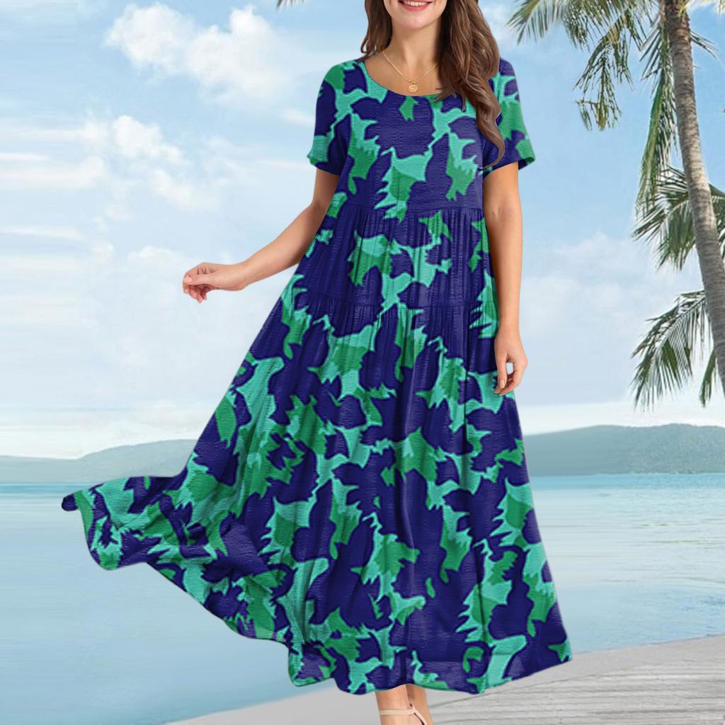 Women Casual Loose Bohemian Floral Dress Short Sleeve Long Maxi Summer Beach Swing Dress
